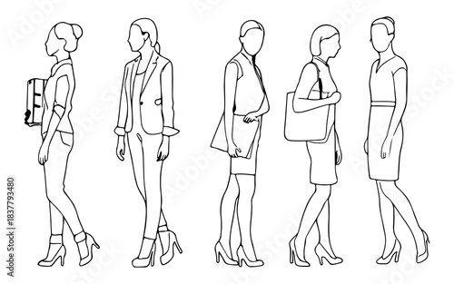 Business Woman Silhouette Line Art Set  Professional Female Pose Outline Collection.