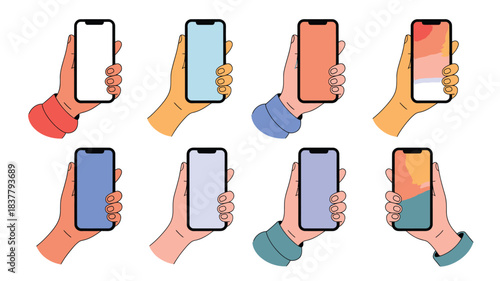 Hands Holding Colorful Smartphones With Blank, Solid, and Abstract Screens Against a White Background