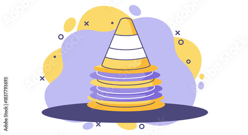 Modern flat vector illustration of a yellow safety traffic cone with abstract geometric background shapes symbolizing under construction, roadwork maintenance, safety warning, caution, and website err