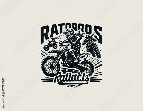 Motocross radicals rider jumping dirt bike in bold black vector logo illustration