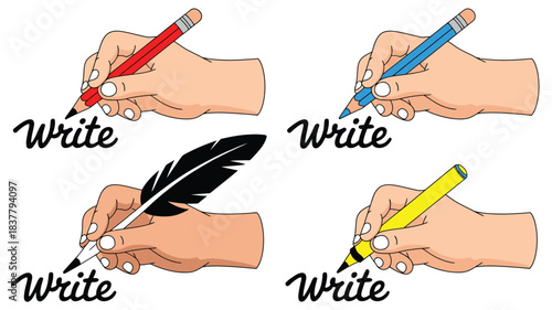 Hands Writing Write Using Red, Blue, Yellow Pencils and Feather on a White Background