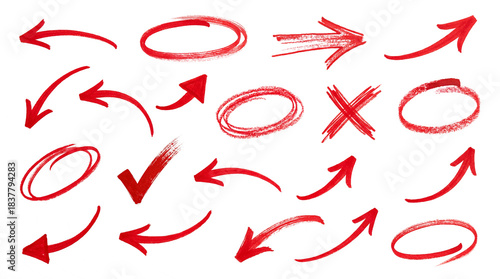 Extensive collection of hand-drawn red brush stroke elements including various arrows, circles, check marks, and X-marks for highlighting, correcting, and pointing