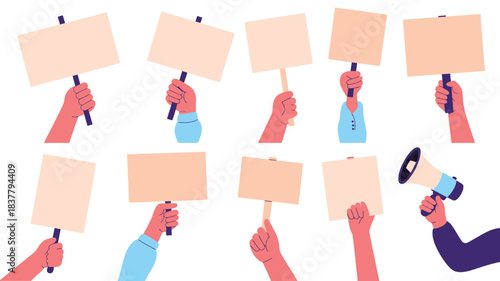 Illustrated Hands Holding Blank Protest Signs and a Megaphone for Social Justice Advocacy