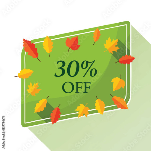 Autumn sale discount banner with colorful falling leaves and thirty percent off text.