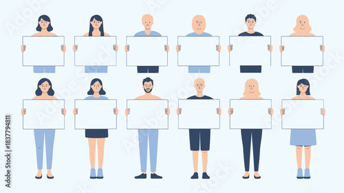 Illustration of Diverse People Holding Blank White Signs for Copy Space or Message Board