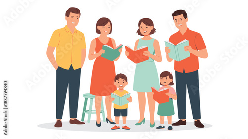 Illustration of Family Reading Books Together, Parents and Children Enjoying Literature, Colorful Outfits