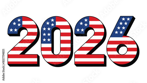 Bold 2026 typography design filled with american flag stars and stripes pattern, patriotic usa themed graphic for independence celebrations, national events and modern commemorative artwork