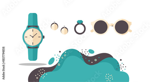 Set of female fashion accessories including wrist watch, earrings, diamond ring and sunglasses vector illustration. Collection of stylish women jewelry and eyewear isolated on white background with ab