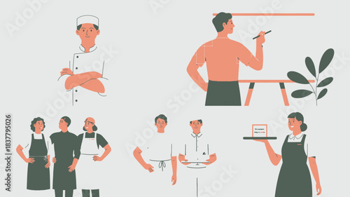 Illustration of Kitchen and Restaurant Staff Working Together, Featuring Chefs, Waiters, and a Planner