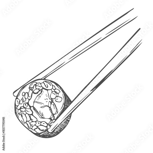 Chopsticks holding sushi roll. Traditional Japanese food. Concept for sushi restaurant, cafe, delivery. Doodle sketch style. Vector illustration isolated