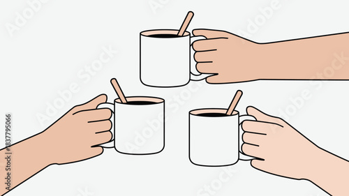 Illustration of Three Hands Holding Coffee Mugs with Spoons in a Flat Cartoon Style