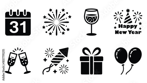 New year celebration icons set featuring fireworks, champagne glasses, gift box, party balloons, festive calendar date 31 and holiday elements in bold black silhouette design for seasonal graphics
