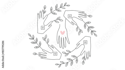 Outlined Hands and Branches Form a Circle with Pink Heart, on White Background