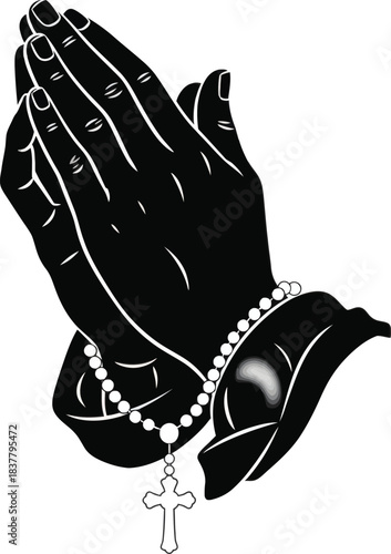 Praying hands with rosary religious vector illustration