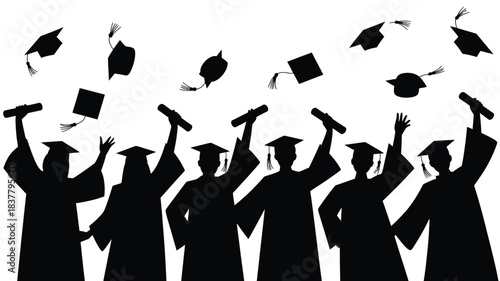 Silhouette of Graduation Ceremony with Graduates Tossing Mortarboards and Holding Diplomas Celebrating Academic Success