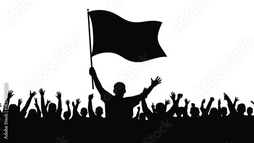 Silhouetted Crowd Raising Hands with Leader Holding Black Flag on White Background Protest