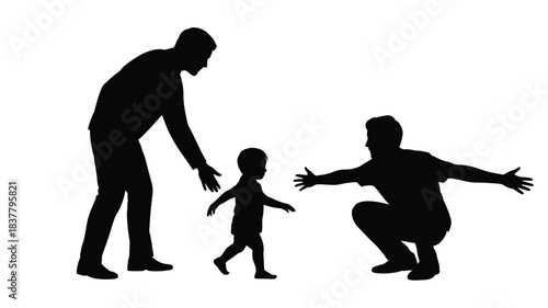 Silhouette of Toddler Walking Towards Father and Another Man with Open Arms