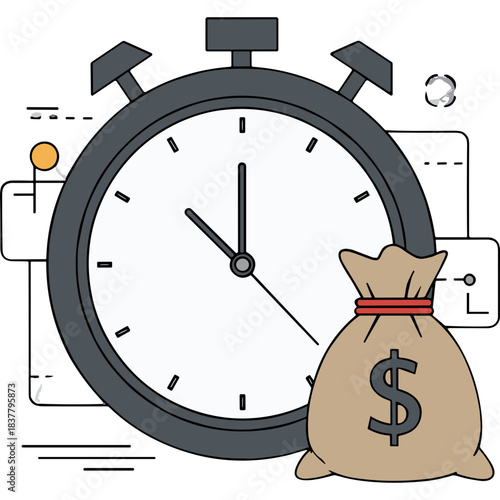 Vintage Stopwatch Timer Symbolizing Time Is Money Concept With A Money Bag In Front On A White Background