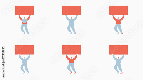 Six Cartoon Figures Holding Rectangular Red Signs Above Their Heads in Protest on White Background