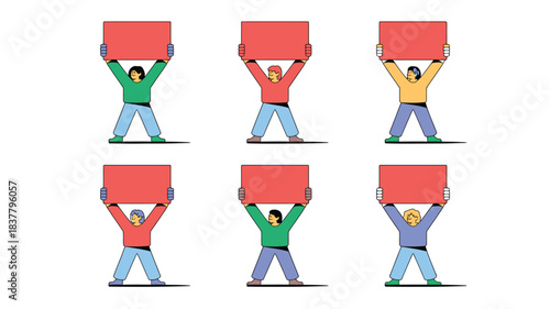 Six Stylized Cartoon Figures Holding Red Rectangular Signs Above Their Heads on a White Background