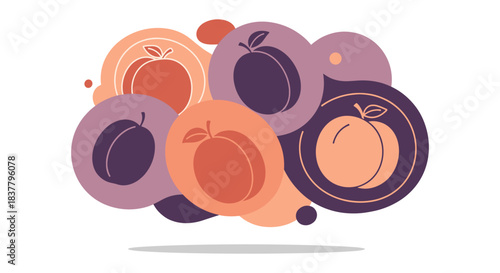 Stylized plum and peach fruits flat vector illustration in abstract circular composition.
