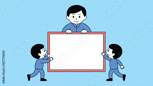 Three Cartoon Men Holding a Blank White Sign with a Pink Border on Blue Background