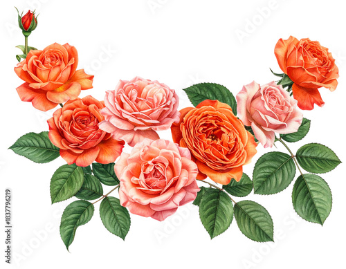 Curved Rose Branch Cluster in Orange and Pink Tones, Organic Flowing Shape, Isolated