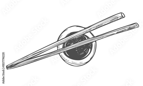 Japanese chopsticks and soy sauce. Asian food element. Doodle sketch style. Vector illustration isolated on white background.