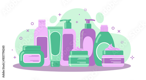 Set of colorful cosmetic bottles and jars including shampoo lotion and cream in pastel flat vector illustration style.