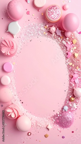 Pink sweets frame a pastel background