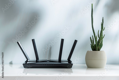 Modern WIFI router with antennas next to cactus on bright white desk, symbol of home comfort, stable internet connection and smart life