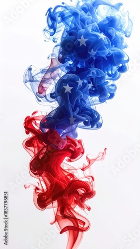 Red and blue swirling smoke on white