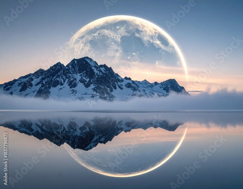 Snowy peaks, moon, and water reflection