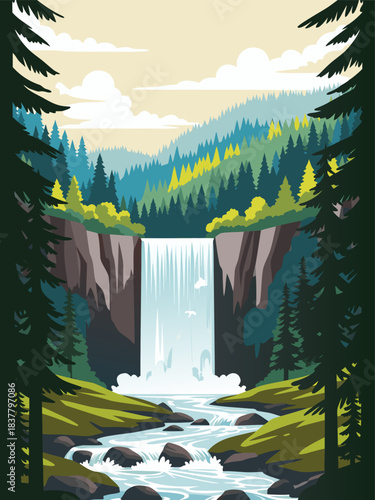 Majestic waterfall cascading through a lush forest landscape with towering trees and rugged cliffs under a vibrant sky, capturing the serene beauty of nature