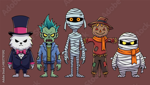 Adorable Halloween Characters Vector Set with a Top Hat Cat, Zombie, Mummy, Scarecrow, and Mummy