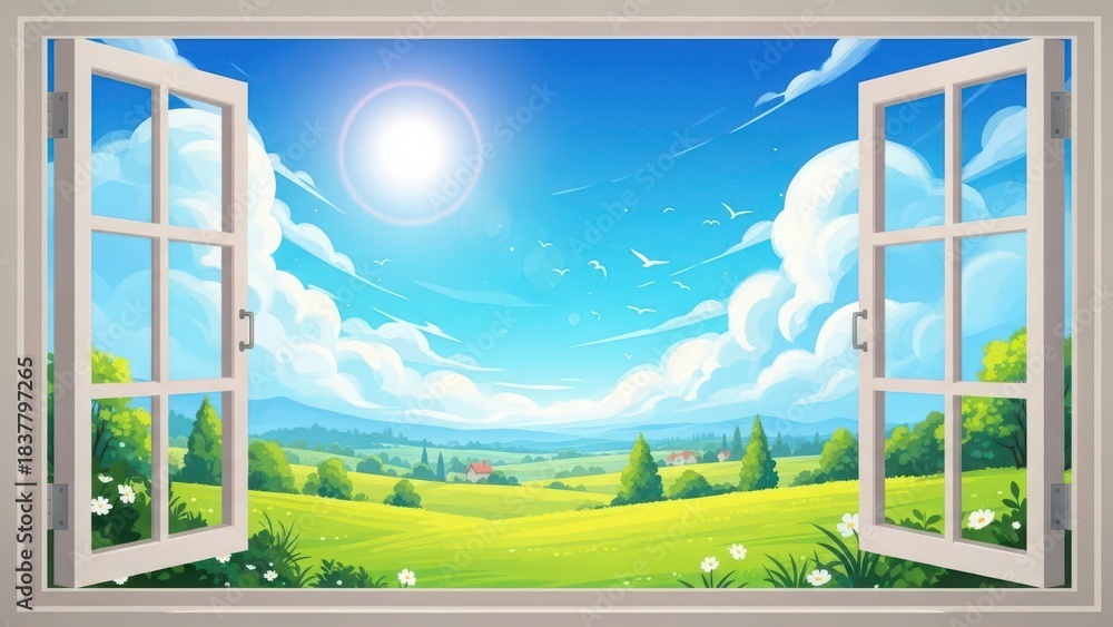 Fototapeta premium Open Window View to Idyllic Countryside: Sunny Green Fields, Blue Sky, and Fluffy Clouds in a Cartoon Landscape
