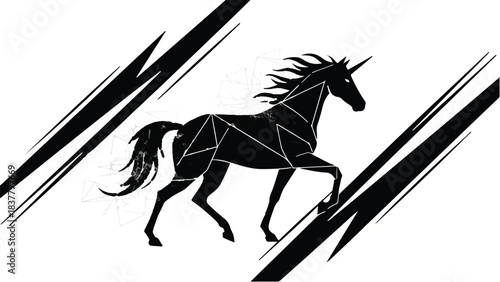 Geometric black unicorn illustration with dynamic lines on white background