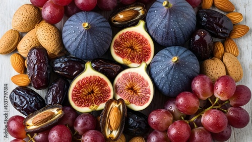 Assortment of fresh and dried fruits with nuts on wooden surface