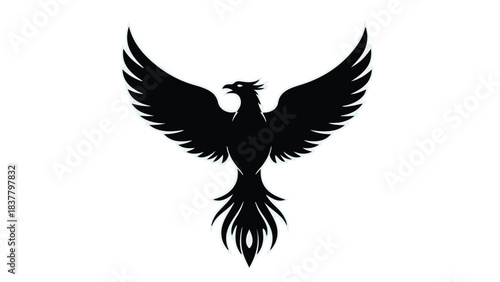 Majestic black phoenix with wings spread wide, symbolizing rebirth and power.