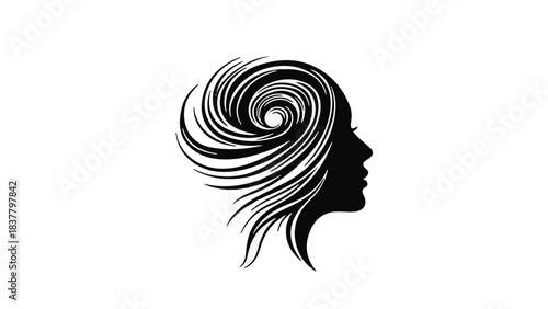 Silhouette of a woman's head with swirling, abstract hair suggesting creative thought or imagination