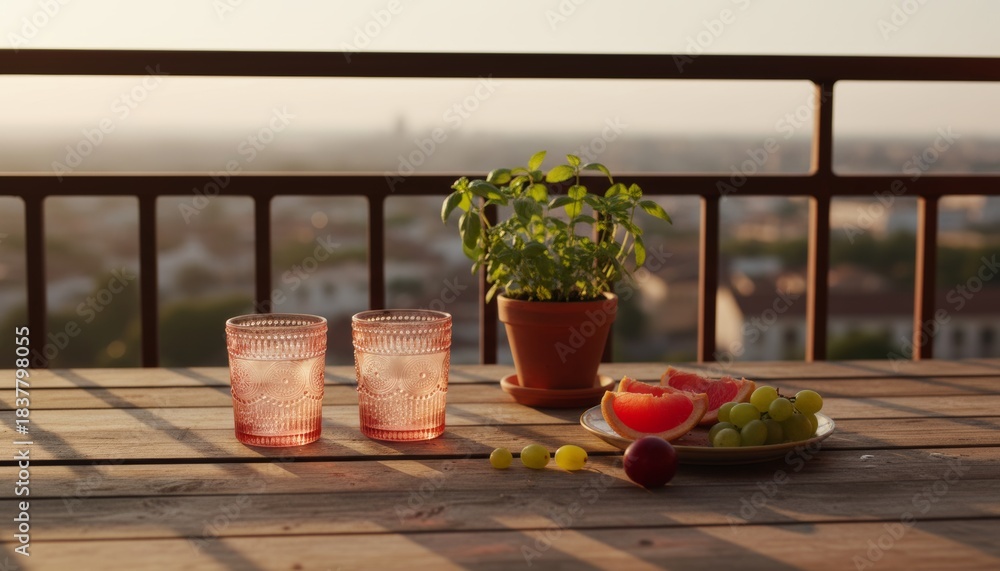 Fototapeta premium Two decorative pink glasses, a potted basil plant, and fresh fruit are arranged on a rustic wooden table on a balcony during golden hour, overlooking a blurred city