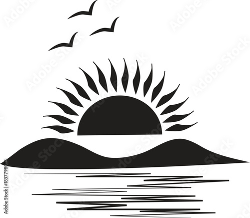 Minimal sunset landscape with sun rays, birds and hill silhouette over reflective water, clean black illustration, nature scene, modern vector design for logo, poster, branding and decoration.