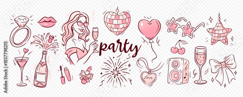 A pink wedding set in doodle vector illustration style includes bachelorette party cocktails, hearts and disco icons. This bachelorette doodle collection suits festive prints, menus or invitations.