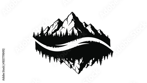 Majestic mountain peaks reflected in a serene forest lake, creating a symmetrical natural landscape.