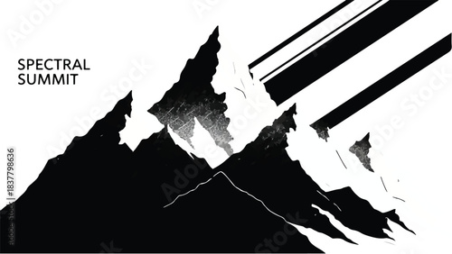Dramatic black and white illustration of jagged mountain peaks under striking diagonal lines