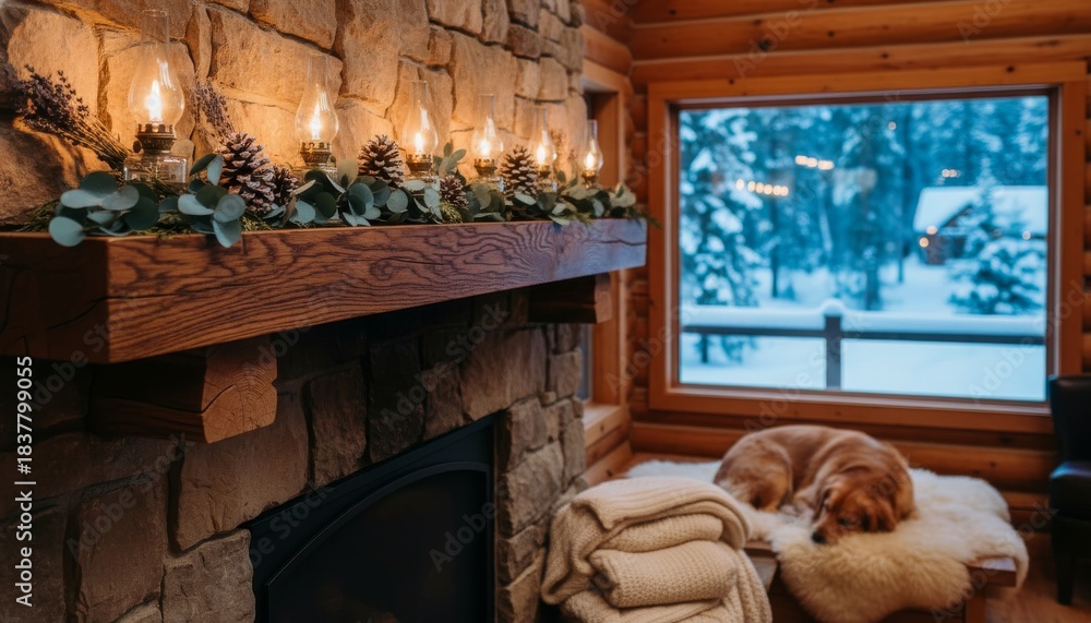 Obraz premium Cozy decorated fireplace mantel with glowing oil lamps, pinecones, and eucalyptus leaves, illuminating a rustic log cabin interior where a golden retriever sleeps by a snowy window