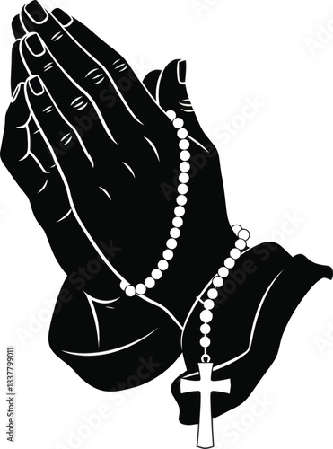 Praying hands with rosary beads vector illustration