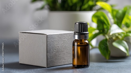 A small amber bottle with a dropper and a blank box against blurred foliage