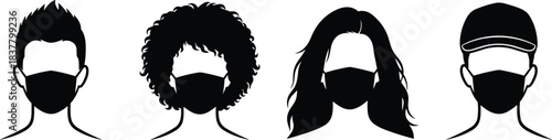 Black Silhouettes of Diverse Individuals Wearing Face Masks, Ideal for Public Health, Safety Awareness, Vector Art, and Medical Design Use