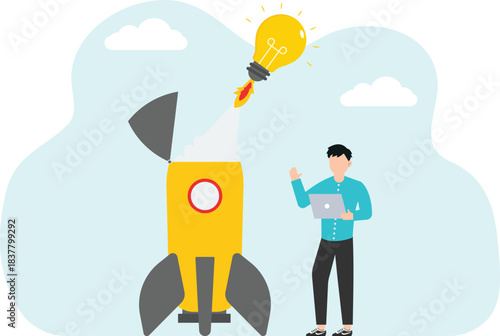Creativity and brainstorming for fast career growth, innovations for success and income growth, genius ideas for solving work tasks and business development, man with light bulb peeks out from rocket.